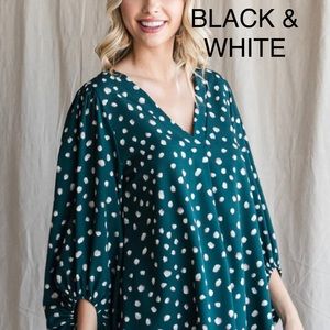 Jodifl V neck bubble sleeve flowy dotted blouse. Black with white polka dots.